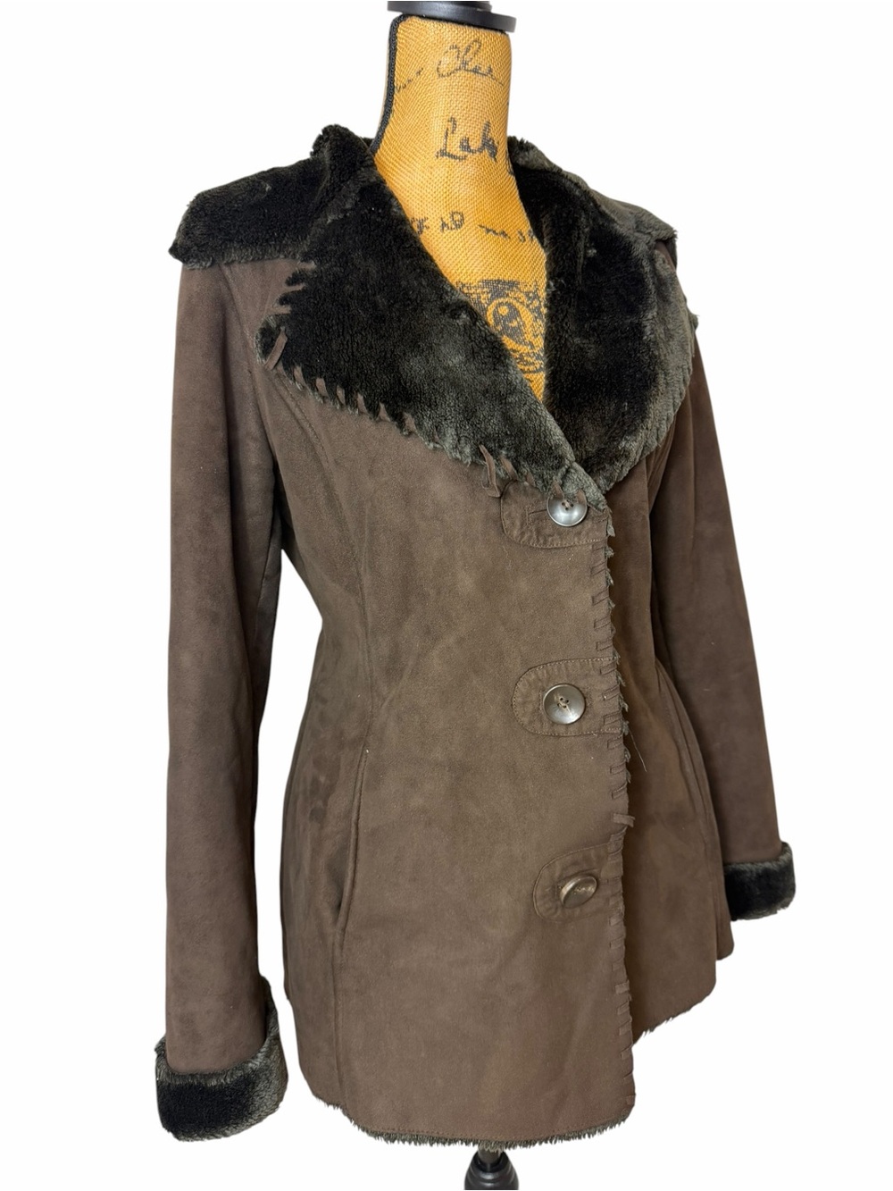 Oscar de la Renta Faux Suede Shearling Trim Coat Jacket Brown M - Picture 9 of 9